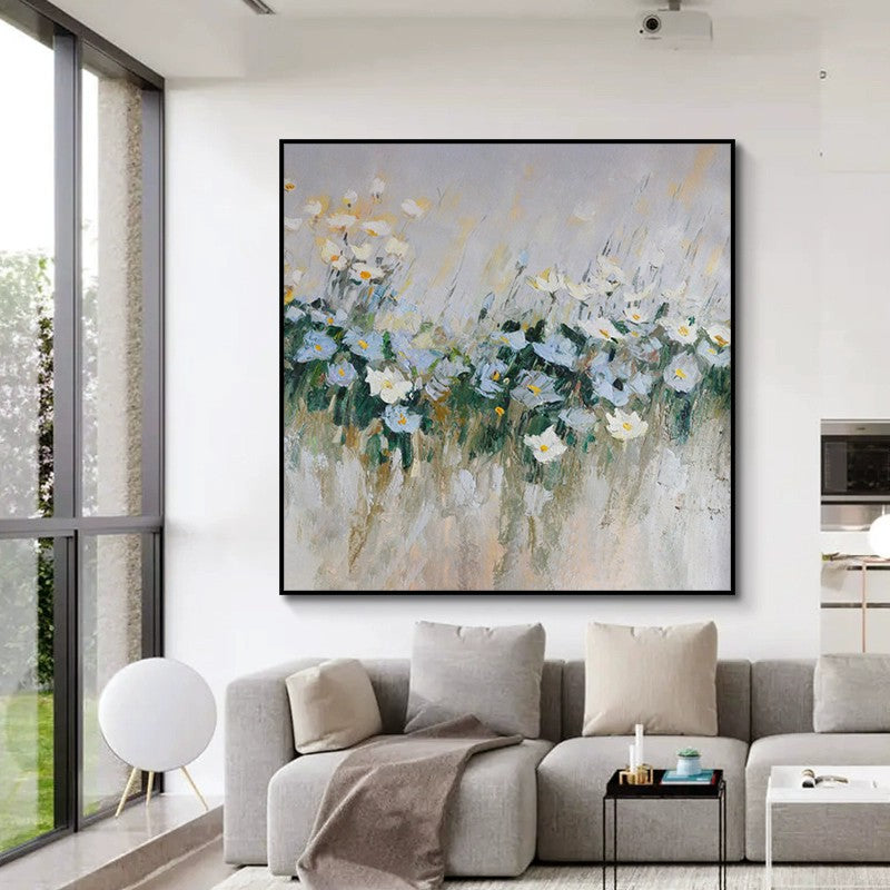 Handmade Blue Floral Oil Canvas Wall Art Decor