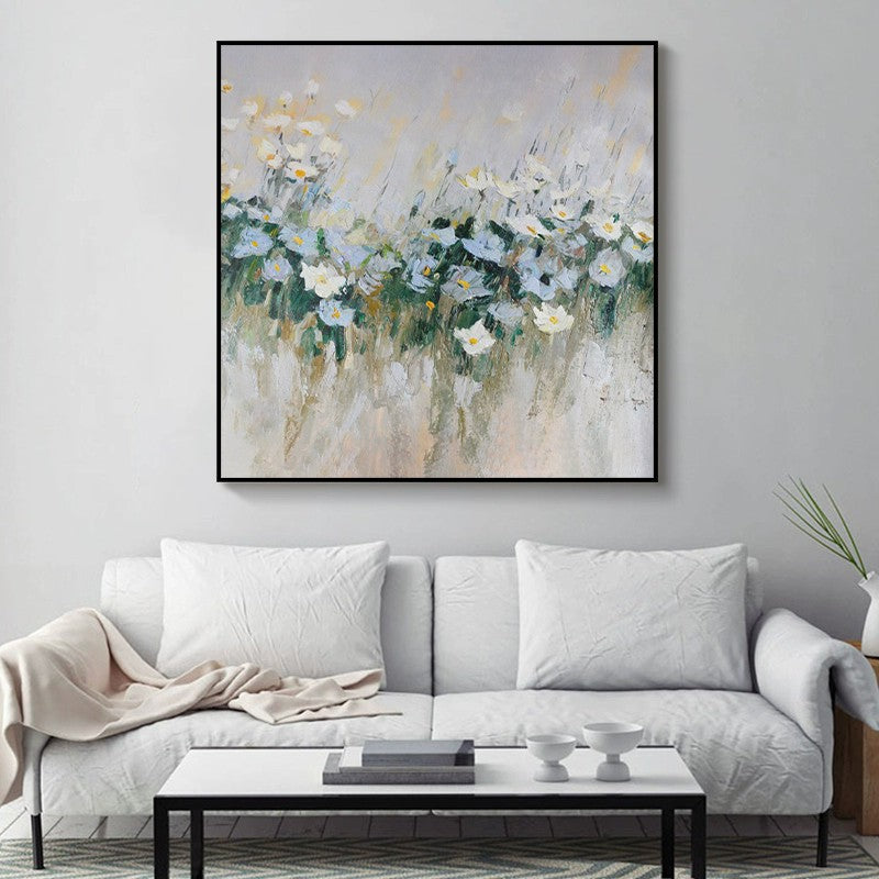 Handmade Blue Floral Oil Canvas Wall Art Decor