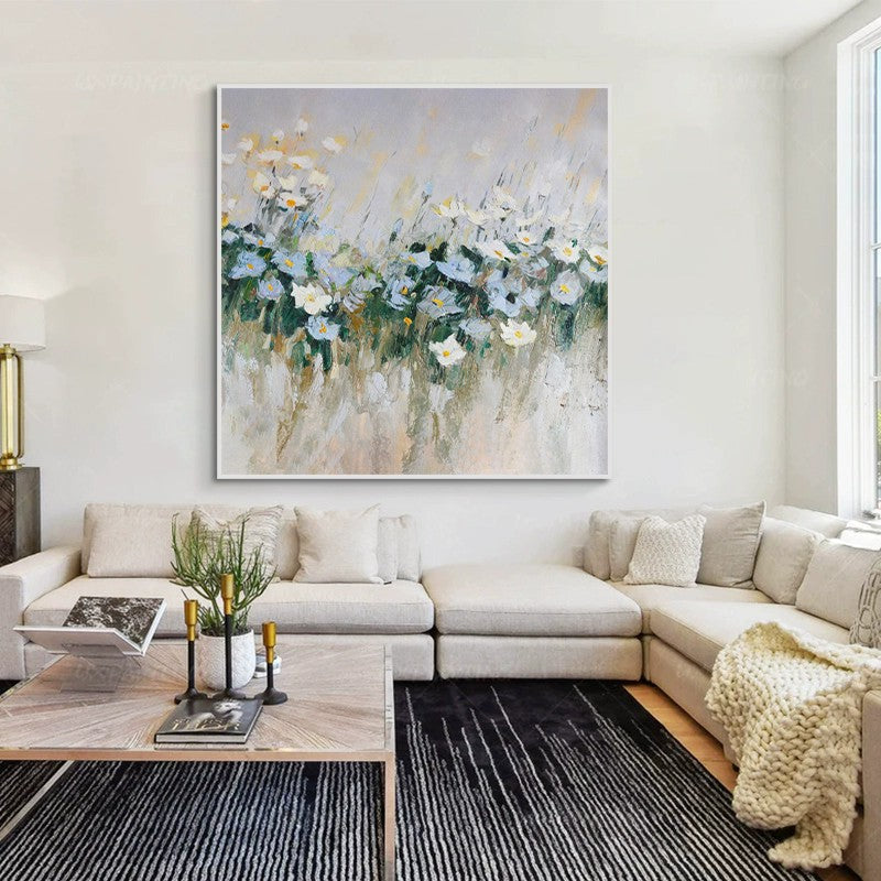 Handmade Blue Floral Oil Canvas Wall Art Decor