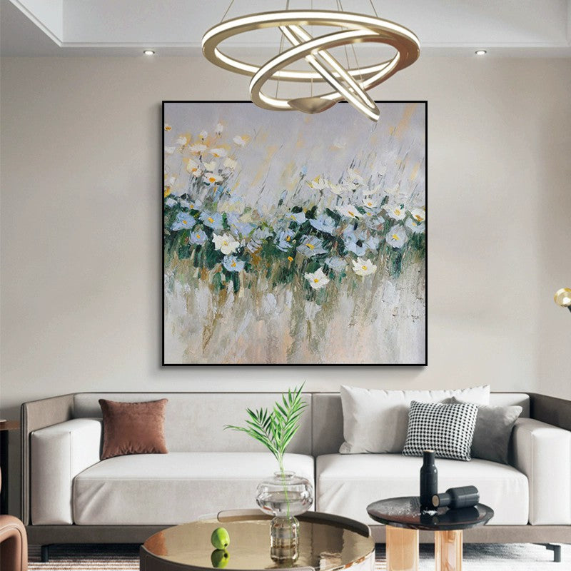 Handmade Blue Floral Oil Canvas Wall Art Decor